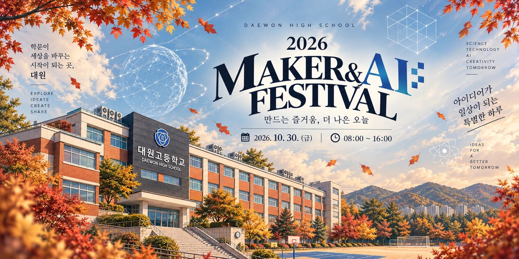 가을빛 대원고등학교를 배경으로 한 2026 Maker & AI Festival 포스터. 만드는 즐거움, 더 나은 오늘. 2026년 10월 30일 금요일 오전 8시부터 오후 4시까지.
